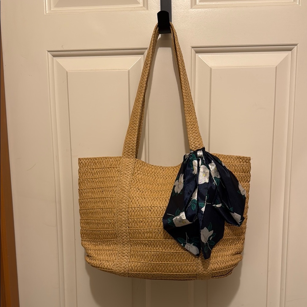 Draper James Tan Tote with Navy Floral Scarf